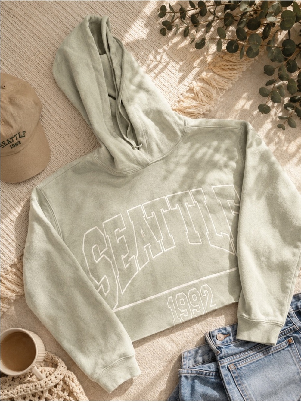 Mint green Seattle vintage wash hoodie hooded sweater sweatshirt cropped m